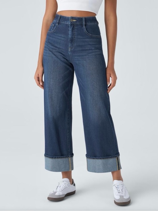 HALARA Denim - HALARA Flex High Waisted Wide Leg Rolled Hem Jeans- Knit Denim, Small Petite